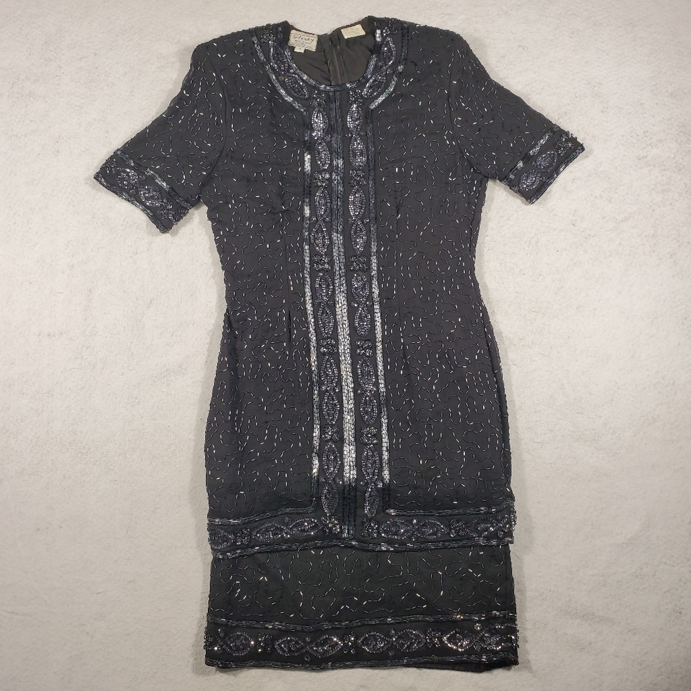 Vintage 80s Stenay Black Beaded Sequins Silk Cocktail Party Dreas Women’s Size 8